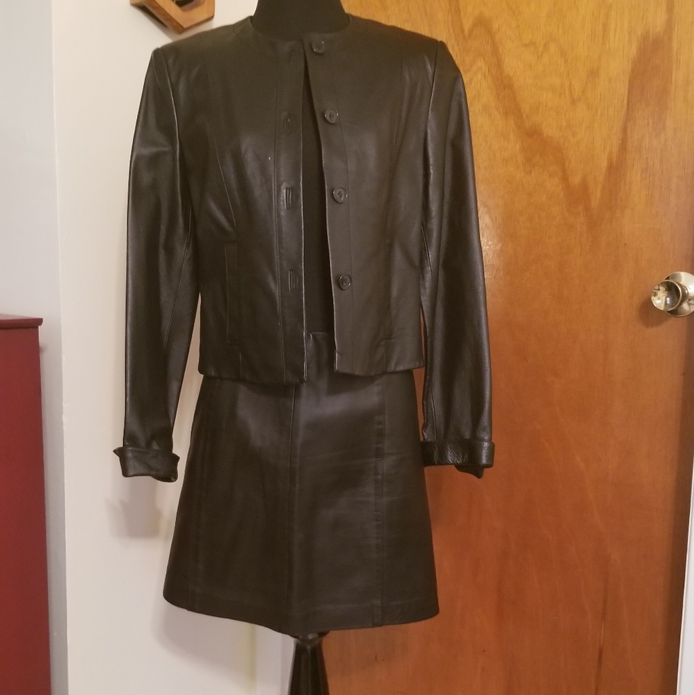 2 piece black leather jacket and skirt